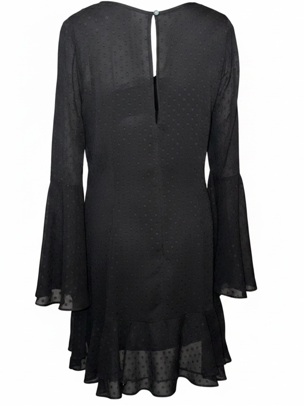 Vince Camuto Black Sheer Swiss Dot Ruffle Bell Sleeve Mini Dress, Size 14 - Picture 3 of 4